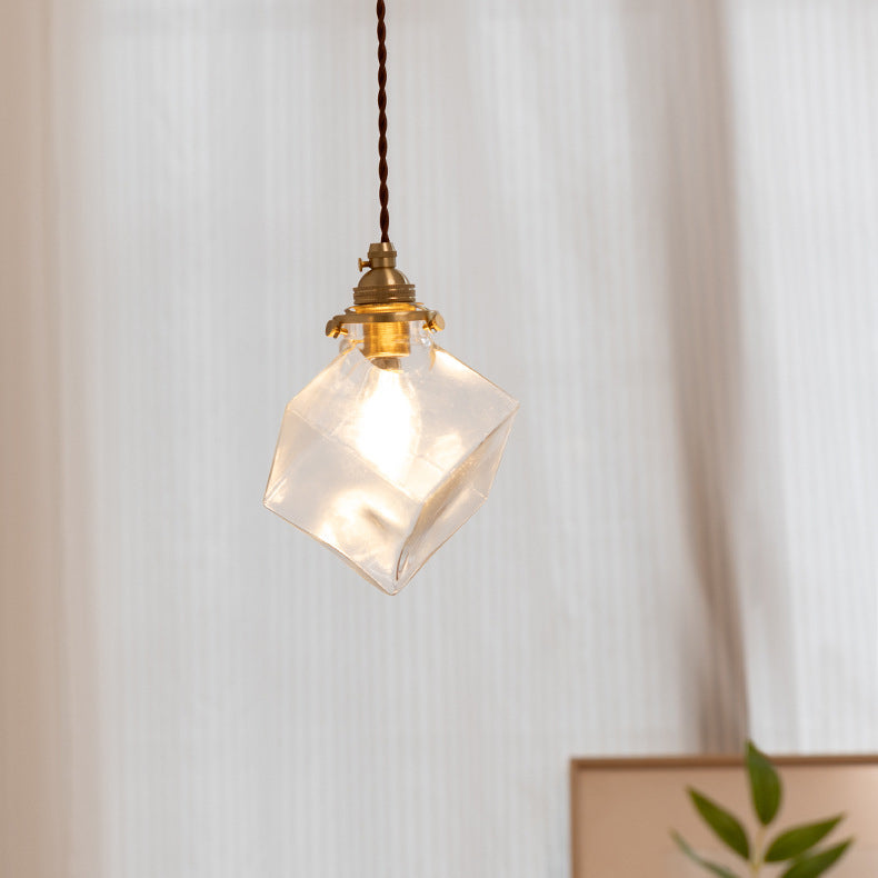Modern Minimalist Square Metal Glass Copper 1-Light Pendant Light For Living Room