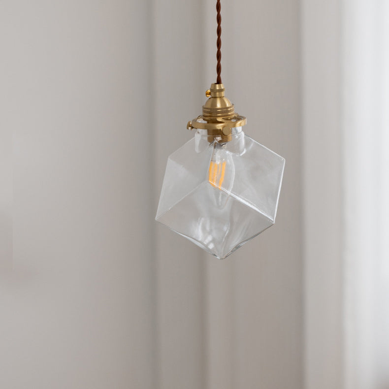 Modern Minimalist Square Metal Glass Copper 1-Light Pendant Light For Living Room
