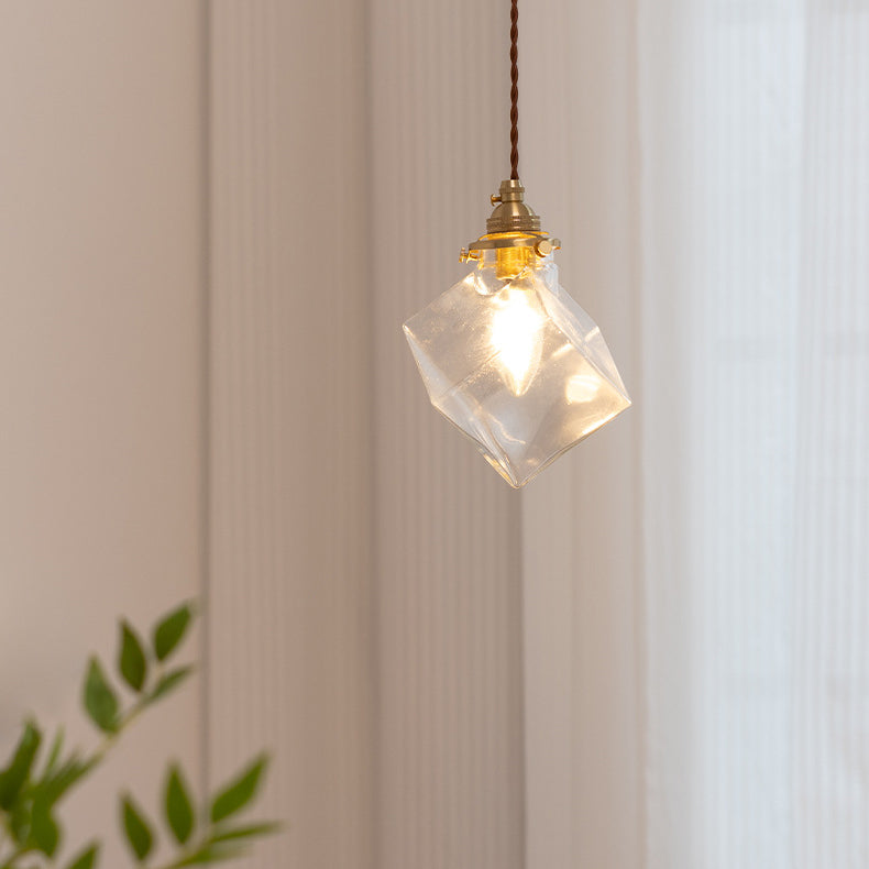 Modern Minimalist Square Metal Glass Copper 1-Light Pendant Light For Living Room