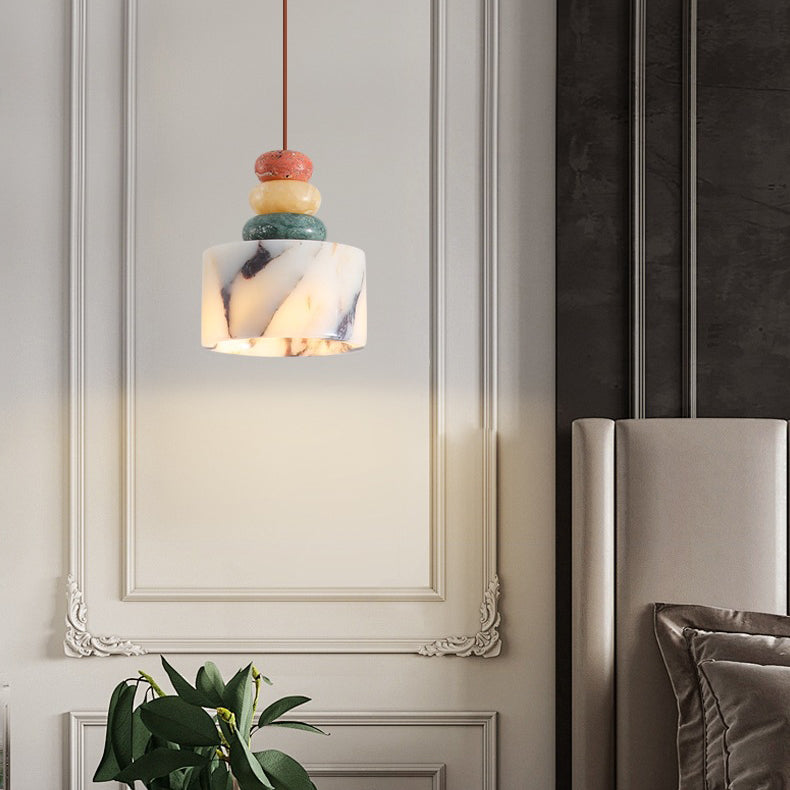 Contemporary Nordic Liftable Cylindrical Marble Hardware 1-Light Pendant Light For Bedroom