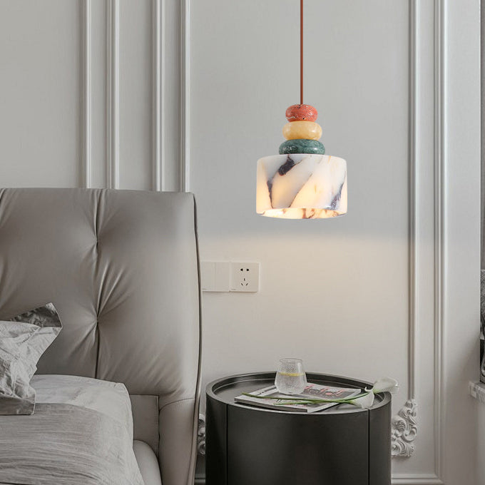 Contemporary Nordic Liftable Cylindrical Marble Hardware 1-Light Pendant Light For Bedroom