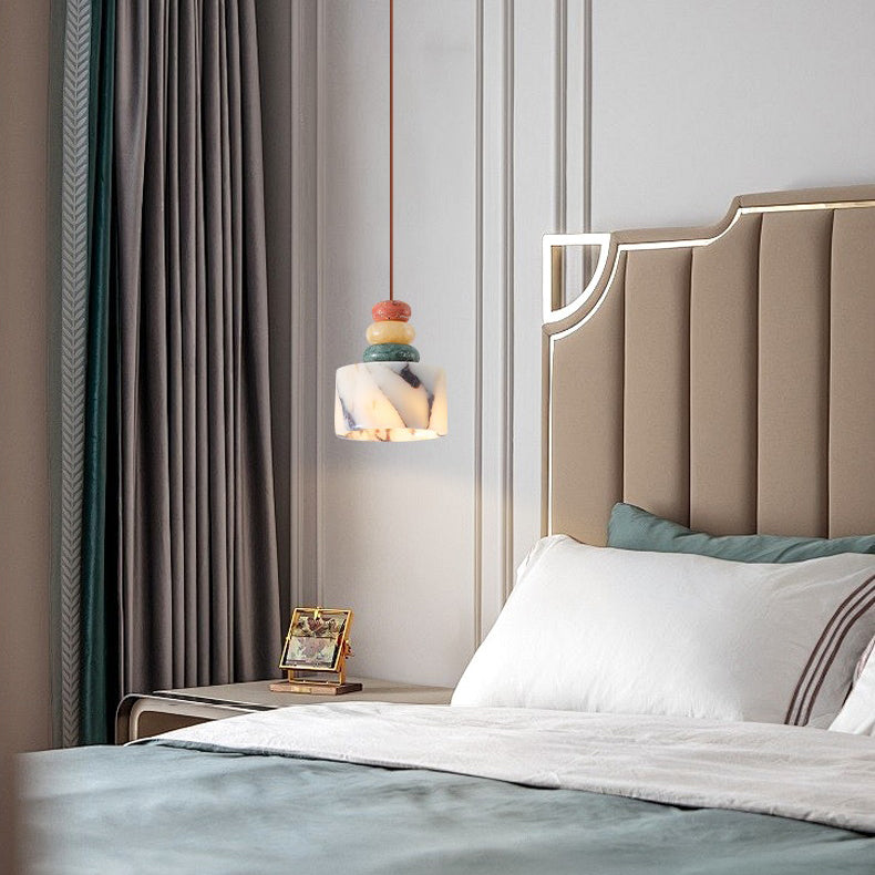 Contemporary Nordic Liftable Cylindrical Marble Hardware 1-Light Pendant Light For Bedroom