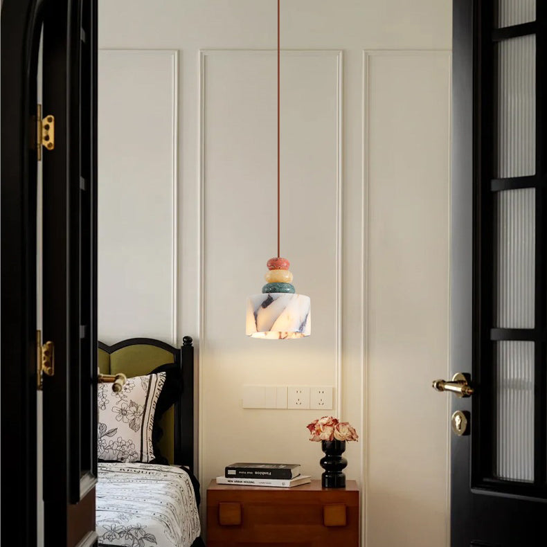Contemporary Nordic Liftable Cylindrical Marble Hardware 1-Light Pendant Light For Bedroom