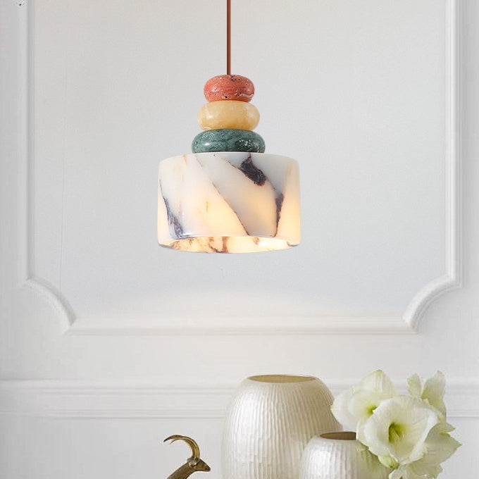 Contemporary Nordic Liftable Cylindrical Marble Hardware 1-Light Pendant Light For Bedroom