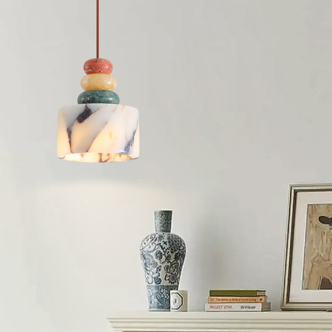 Contemporary Nordic Liftable Cylindrical Marble Hardware 1-Light Pendant Light For Bedroom
