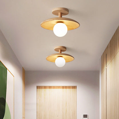 Modern Minimalist Wooden Round 1-Light Semi-Flush Mount Ceiling Light For Living Room