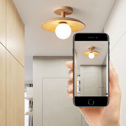 Modern Minimalist Wooden Round 1-Light Semi-Flush Mount Ceiling Light For Living Room