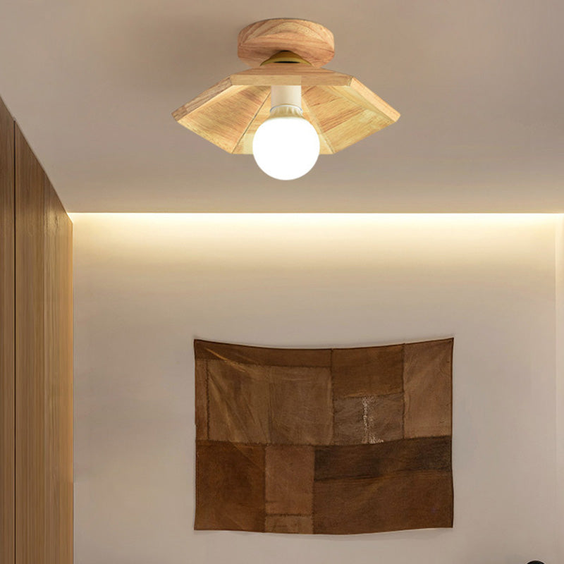 Modern Minimalist Wooden Round 1-Light Semi-Flush Mount Ceiling Light For Living Room