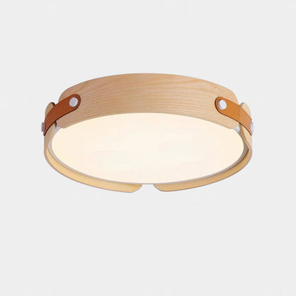 Contemporary Nordic Round Wooden Edge LED Flush Mount Ceiling Light for Bedroom