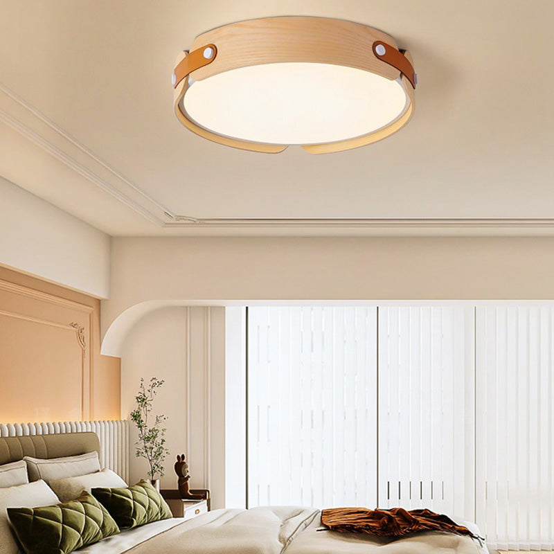 Contemporary Nordic Round Wooden Edge LED Flush Mount Ceiling Light for Bedroom