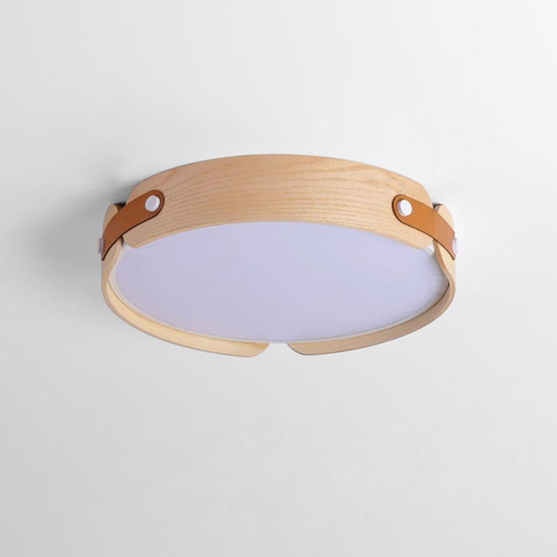 Contemporary Nordic Round Wooden Edge LED Flush Mount Ceiling Light for Bedroom