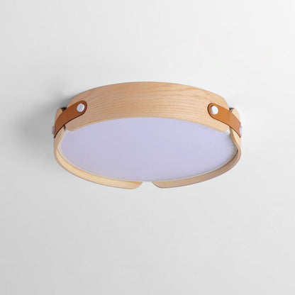 Contemporary Nordic Round Wooden Edge LED Flush Mount Ceiling Light for Bedroom