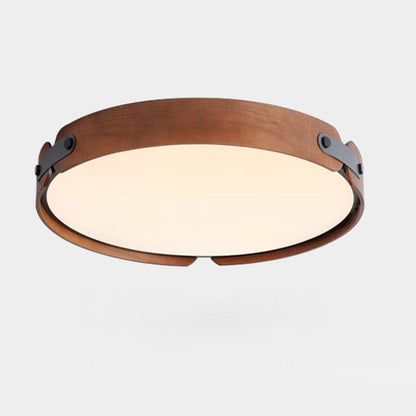 Contemporary Nordic Round Wooden Edge LED Flush Mount Ceiling Light for Bedroom