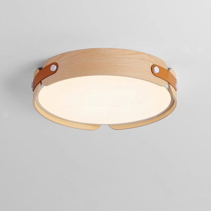 Contemporary Nordic Round Wooden Edge LED Flush Mount Ceiling Light for Bedroom