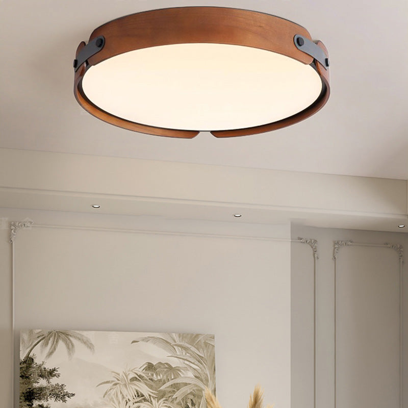 Contemporary Nordic Round Wooden Edge LED Flush Mount Ceiling Light for Bedroom