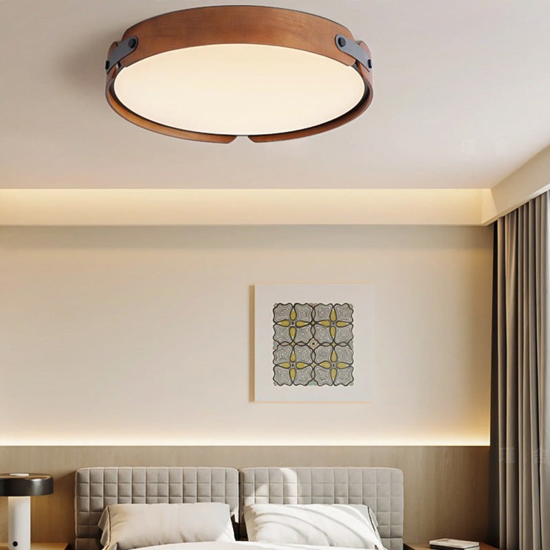 Contemporary Nordic Round Wooden Edge LED Flush Mount Ceiling Light for Bedroom