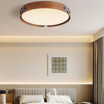 Contemporary Nordic Round Wooden Edge LED Flush Mount Ceiling Light for Bedroom
