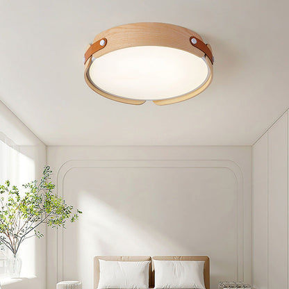 Contemporary Nordic Round Wooden Edge LED Flush Mount Ceiling Light for Bedroom