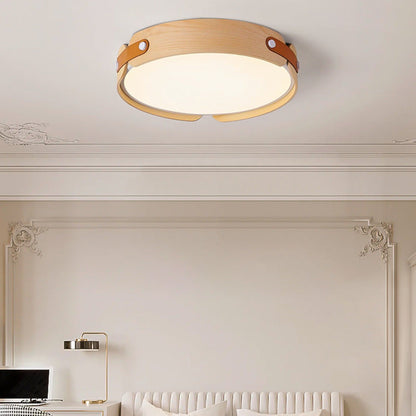 Contemporary Nordic Round Wooden Edge LED Flush Mount Ceiling Light for Bedroom