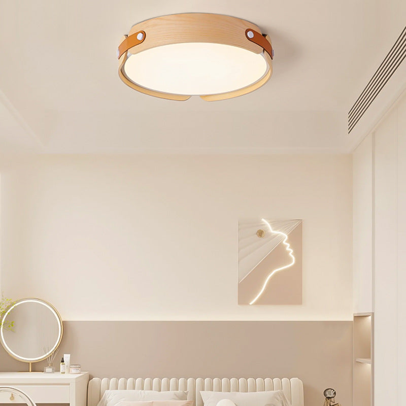 Contemporary Nordic Round Wooden Edge LED Flush Mount Ceiling Light for Bedroom