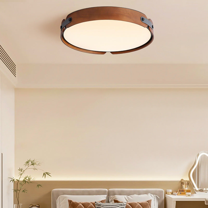Contemporary Nordic Round Wooden Edge LED Flush Mount Ceiling Light for Bedroom