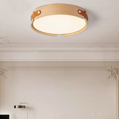 Contemporary Nordic Round Wooden Edge LED Flush Mount Ceiling Light for Bedroom