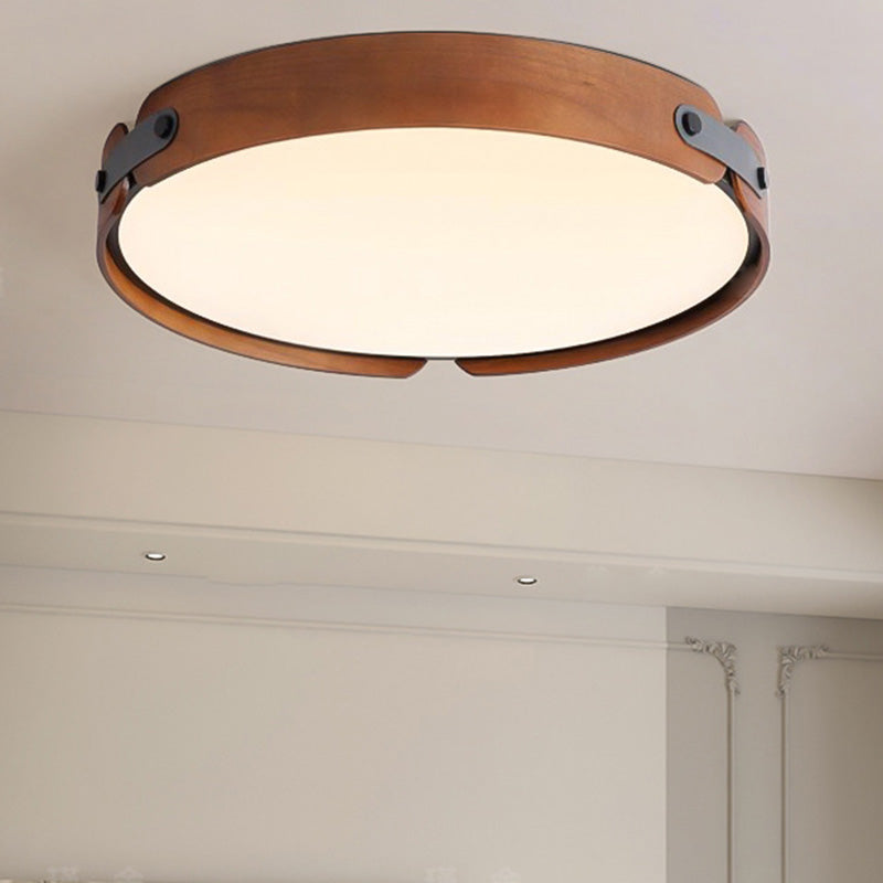 Contemporary Nordic Round Wooden Edge LED Flush Mount Ceiling Light for Bedroom