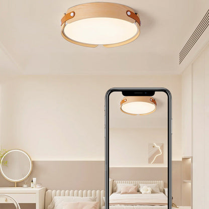 Contemporary Nordic Round Wooden Edge LED Flush Mount Ceiling Light for Bedroom
