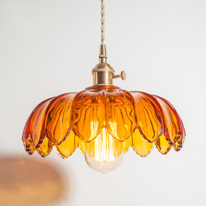 Contemporary Retro Flowers Copper Glass 1-light Pendant Light for Living Room