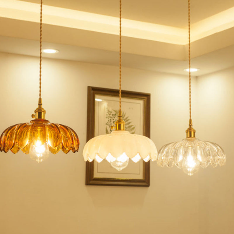 Contemporary Retro Flowers Copper Glass 1-light Pendant Light for Living Room