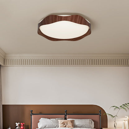 Contemporary Nordic Round Roto-molding Iron Wood Lampshade LED Flush Mount Ceiling Light For Bedroom