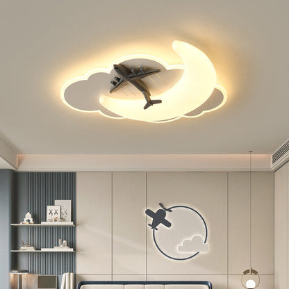 Contemporary Creative Astronaut Airplane Rotational Molding Iron LED Flush Mount Ceiling Light For Bedroom