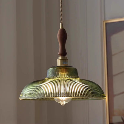 Contemporary Retro Stripe Hat Shape Brass Walnut Glass 1 - Light Pendant Light for Dining Room