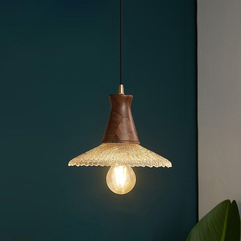 Traditional Japanese Cone Hat Brass Walnut Glass 1 - Light Pendant Light for Dining Room