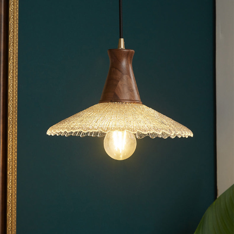 Traditional Japanese Cone Hat Brass Walnut Glass 1 - Light Pendant Light for Dining Room