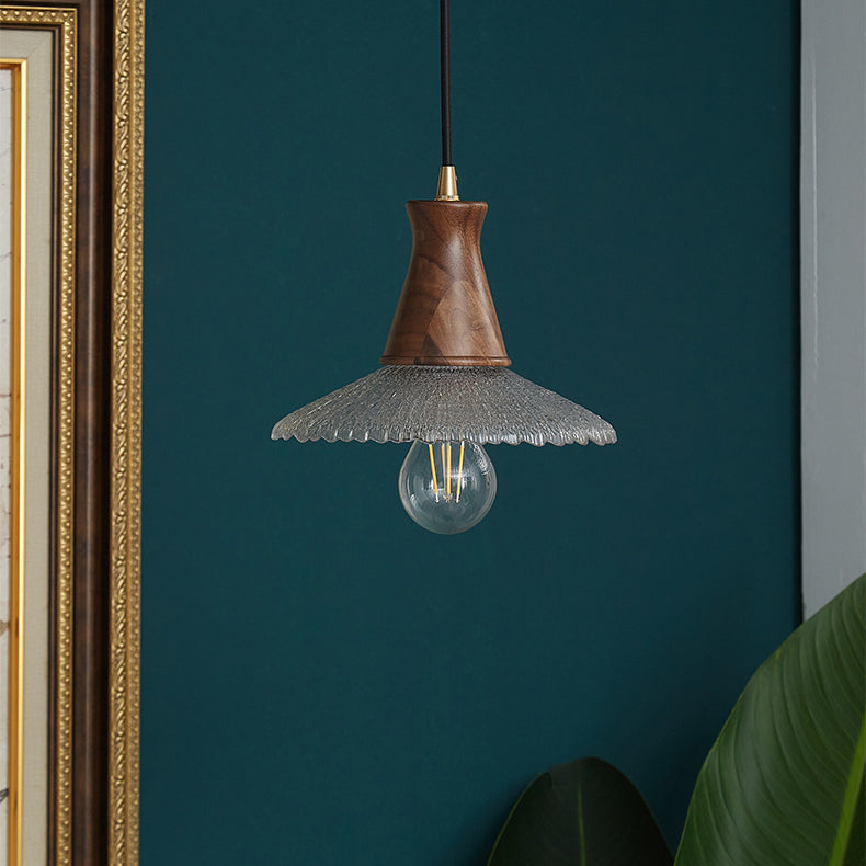 Traditional Japanese Cone Hat Brass Walnut Glass 1 - Light Pendant Light for Dining Room