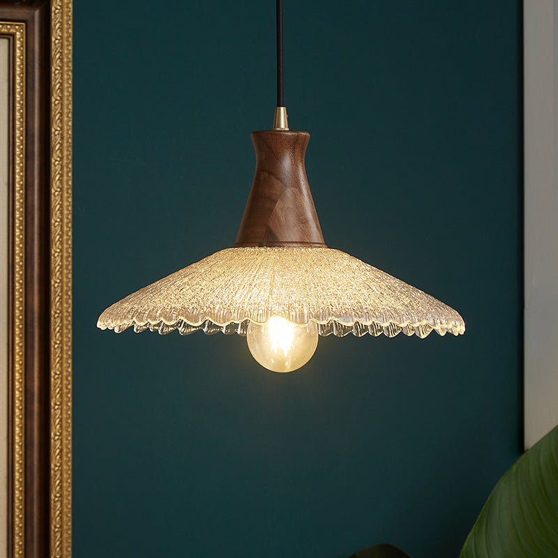 Traditional Japanese Cone Hat Brass Walnut Glass 1 - Light Pendant Light for Dining Room