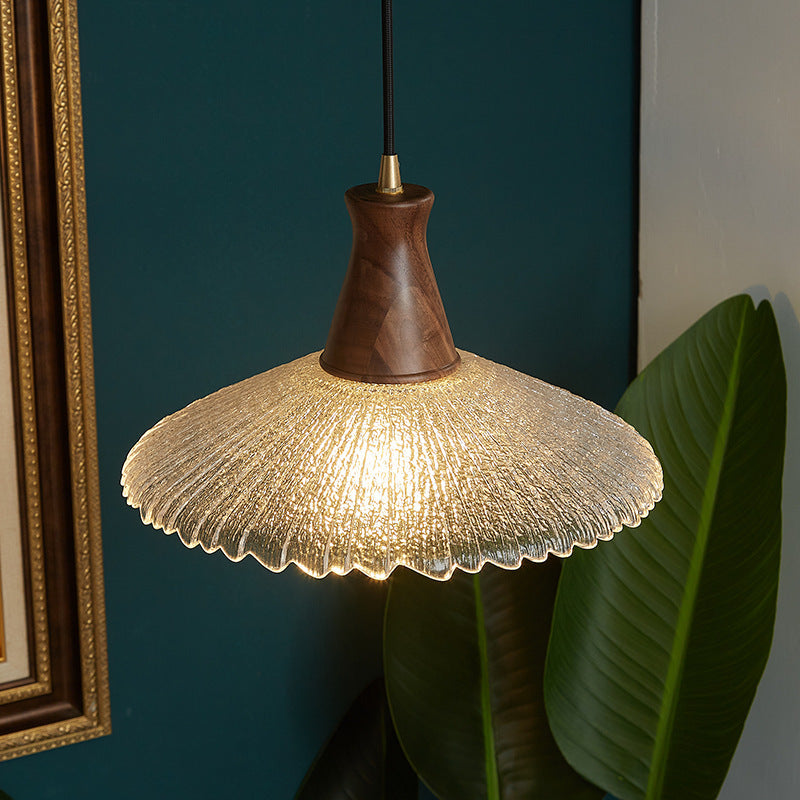 Traditional Japanese Cone Hat Brass Walnut Glass 1 - Light Pendant Light for Dining Room