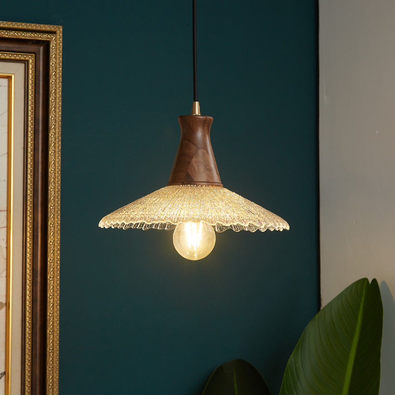 Traditional Japanese Cone Hat Brass Walnut Glass 1 - Light Pendant Light for Dining Room
