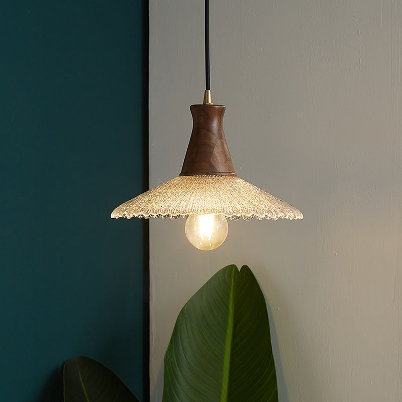 Traditional Japanese Cone Hat Brass Walnut Glass 1 - Light Pendant Light for Dining Room