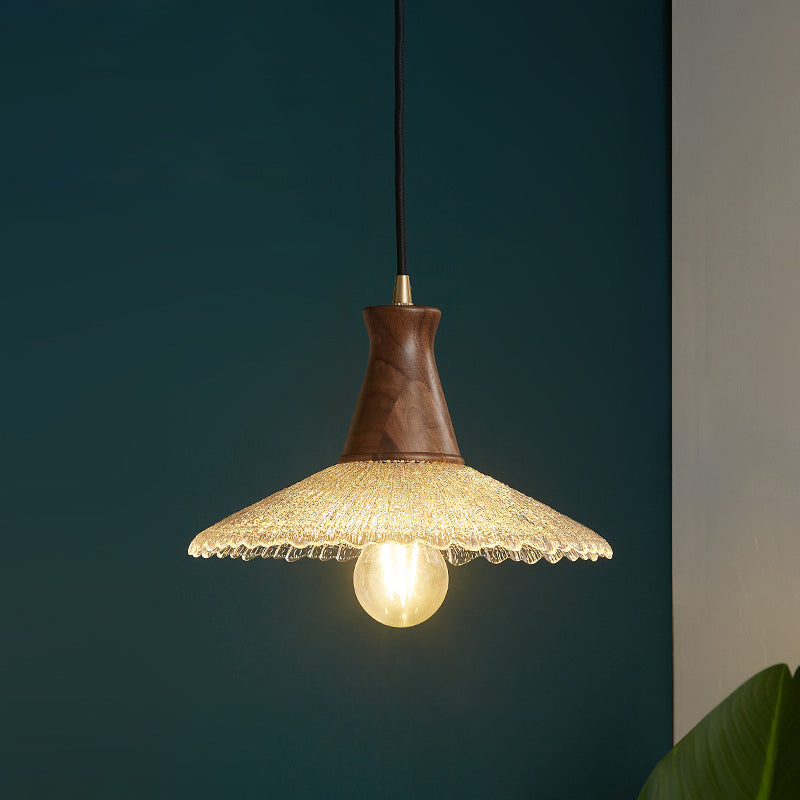 Traditional Japanese Cone Hat Brass Walnut Glass 1 - Light Pendant Light for Dining Room