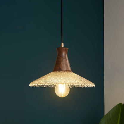 Traditional Japanese Cone Hat Brass Walnut Glass 1 - Light Pendant Light for Dining Room