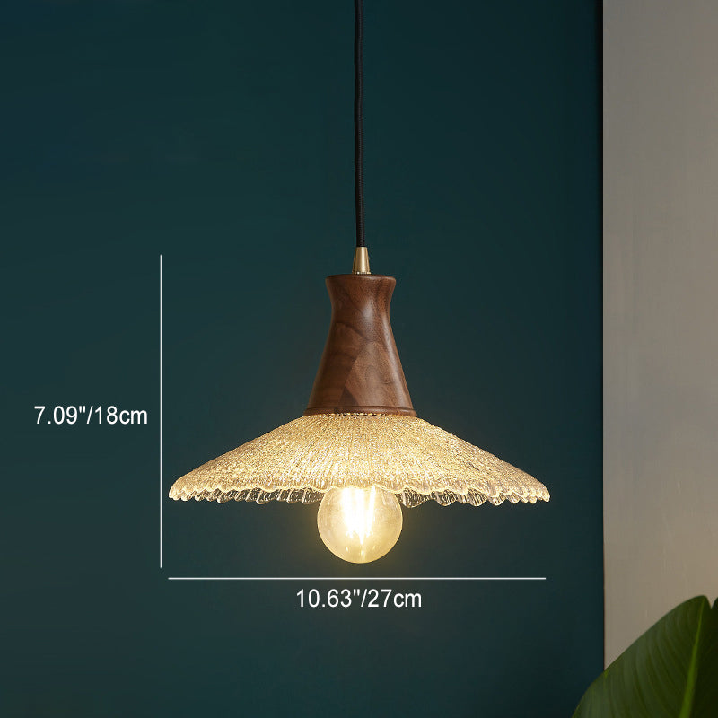 Traditional Japanese Cone Hat Brass Walnut Glass 1 - Light Pendant Light for Dining Room