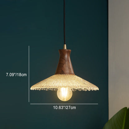 Traditional Japanese Cone Hat Brass Walnut Glass 1 - Light Pendant Light for Dining Room