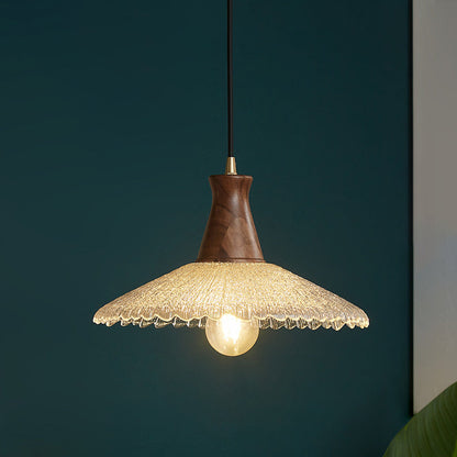 Traditional Japanese Cone Hat Brass Walnut Glass 1 - Light Pendant Light for Dining Room