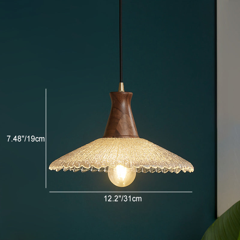 Traditional Japanese Cone Hat Brass Walnut Glass 1 - Light Pendant Light for Dining Room