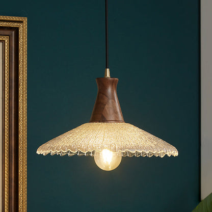 Traditional Japanese Cone Hat Brass Walnut Glass 1 - Light Pendant Light for Dining Room