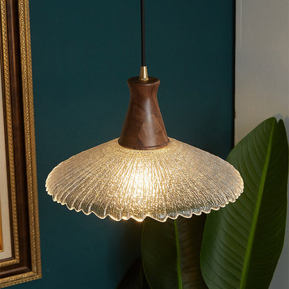 Traditional Japanese Cone Hat Brass Walnut Glass 1 - Light Pendant Light for Dining Room