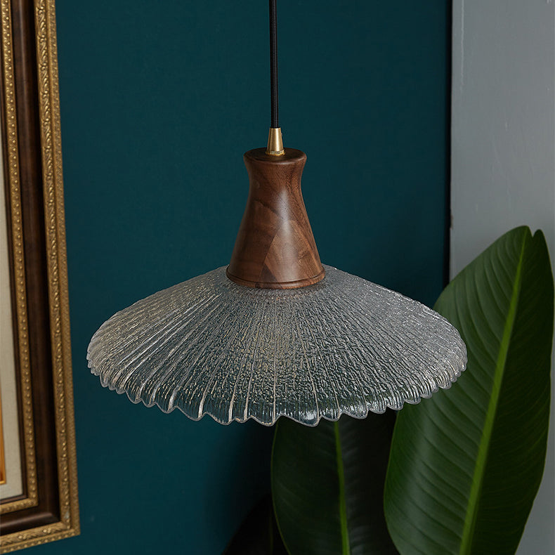 Traditional Japanese Cone Hat Brass Walnut Glass 1 - Light Pendant Light for Dining Room