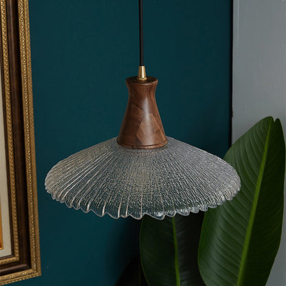 Traditional Japanese Cone Hat Brass Walnut Glass 1 - Light Pendant Light for Dining Room